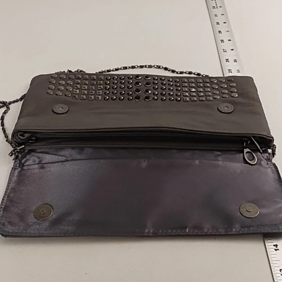 Gray Clutch Crossbody bag Gunmetal Studs Black Faceted Stones Removable Chain - Picture 5 of 11